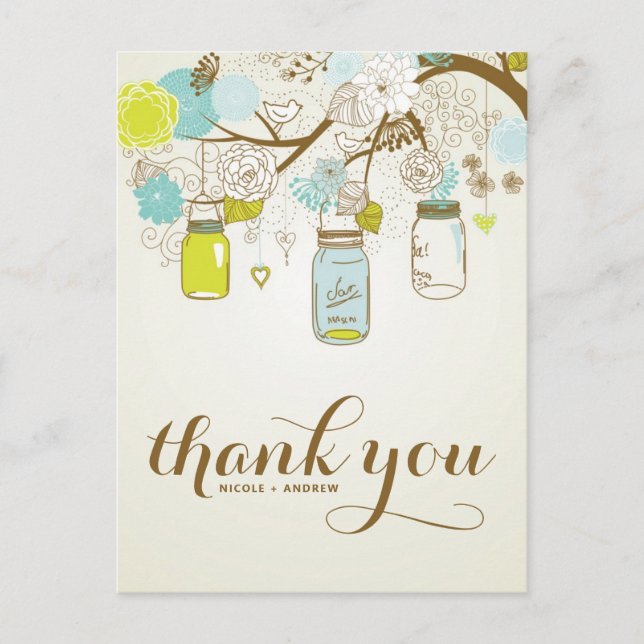POSTAL RUSTIC BLUE & YELLOW MASON JARS OBRIGADO AO CARTÃO (Frente)