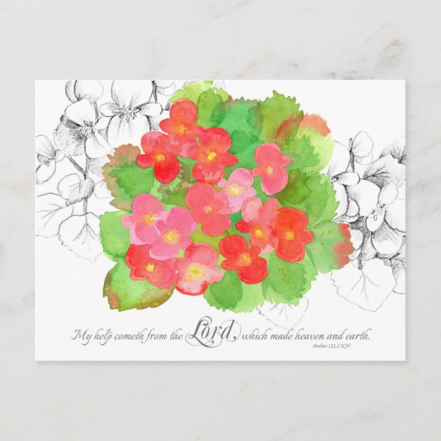Postal Salmos 121 Cartão De Oração Laranja Flores Begonia (Frente)