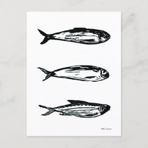 Postal Sardine e Sarda-Postada Linocut Cartão ou Impressã