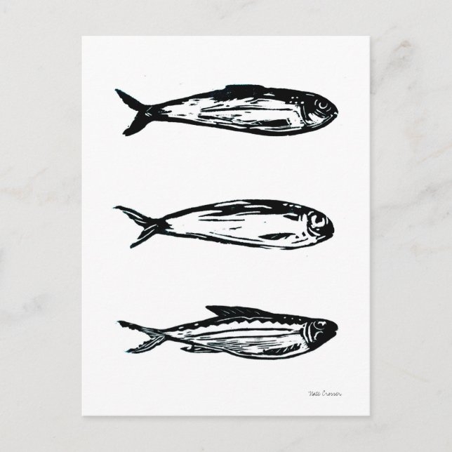 Postal Sardine e Sarda-Postada Linocut Cartão ou Impressã (Frente)