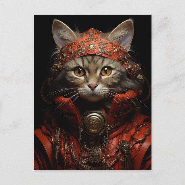 Postal Steampunk Kitten no Cartão Vermelho (Frente)