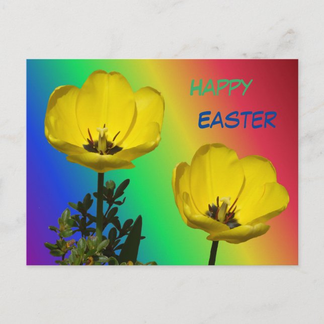 Postal Tulipas Amarelas Arco-íris Feliz Páscoa Cartão Pos (Frente)