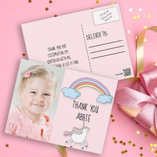 Postal Unicórnio Rosa / Cartão de Agradecimento de Aniver
