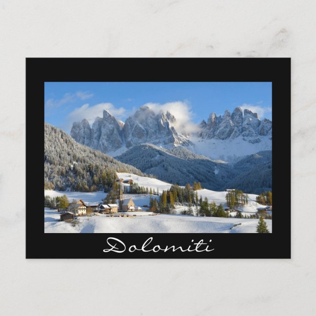 Postal Vila Dolomites no inverno texto preto cartão posta (Frente)