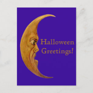 Postal Vintage Angry Moon Halloween Cartão
