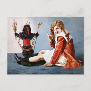 Postal Vintage Krampus com Cartão de Natal de Menina