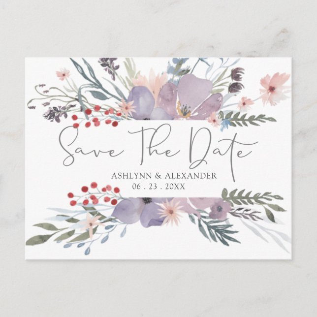Postal Watercolor Boho Wildflores SALVAR A DATA Cartão Po (Frente)