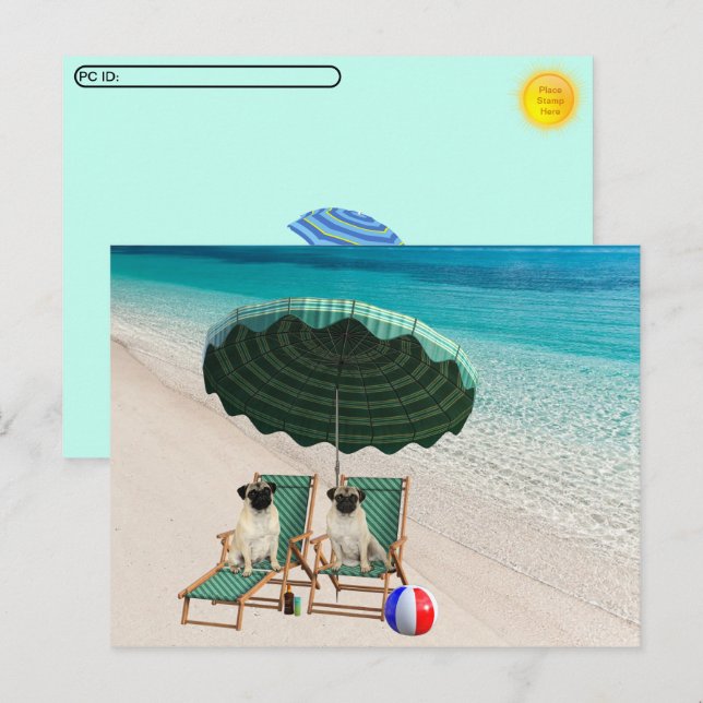 Postcross - Pugs no Cartão Postal da Praia (Frente/Verso)