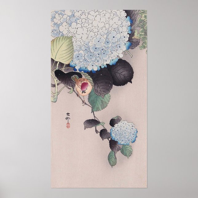 Póster ア ジ サ に 雀, 小 イ原古邨Sparrow em Hydrangea, Ohara Koson (Frente)