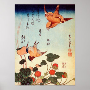 Póster ヘビイチゴに小鳥, pássaro do 北斎 e mor