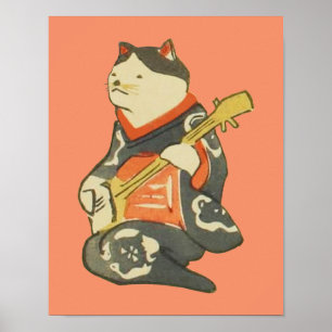 Poster 三味線を弾く猫, gato do 国芳 que joga a g