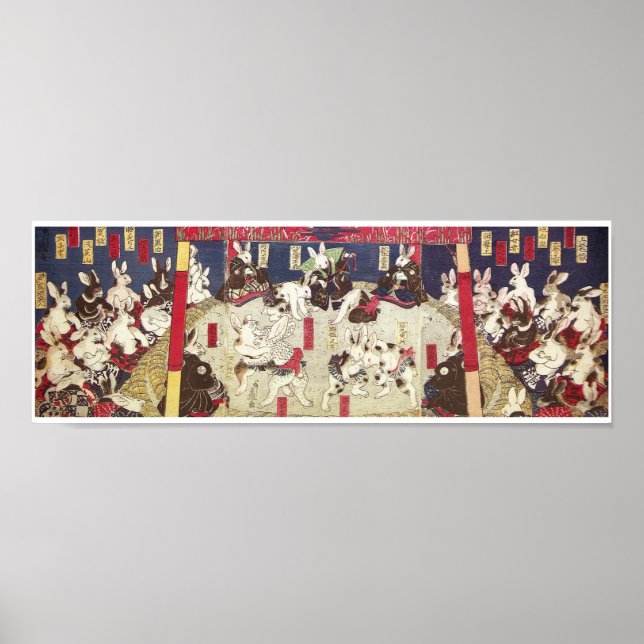 Poster 兎 の 撲, 芳 藤 Coelhos Sumo, Yoshifuji, Ukiyo-e (Frente)