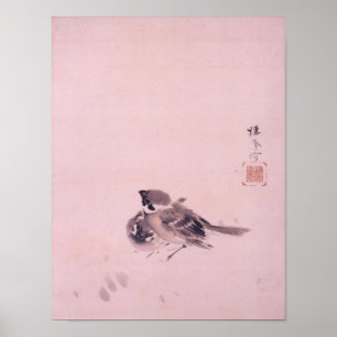 Póster 双雀, par do pardal, Seihō do 栖鳳, arte japo