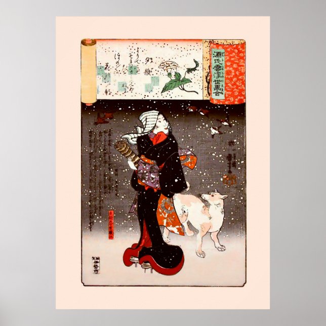 Póster 國 芳 Mulher e Cachorro em Neve Kuniyoshi Fine Art (Frente)