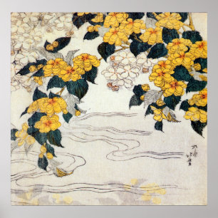 Póster 山吹, flor amarela do 北斎, Hokusai, Ukiyo-e