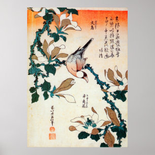 Poster 文鳥とコブシ, pardal de Java do 北斎 e Kob