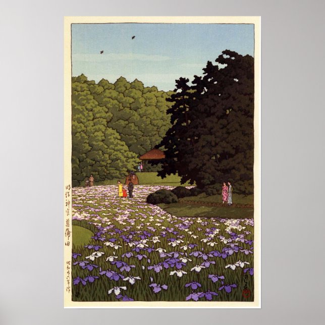 Póster 明 治 宮 菖 蒲 園, Jardim Íris em Meiji Shrine, Hasui Ka (Frente)