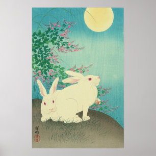 Póster 月と兎, coelhos do 古邨 & lua, Koson, Ukiyo-e