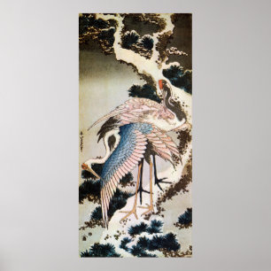 Poster 松 に 鶴, 北 gruas 斎 na Pine Tree, Hokusai, Ukiyo-e