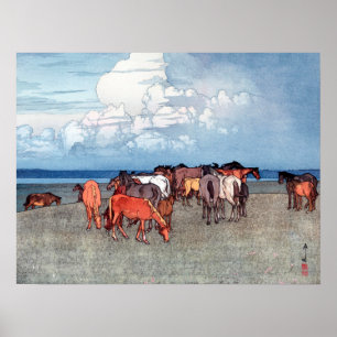 Póster 沼崎牧場, cavalos, Hiroshi Yoshida, Woodcut