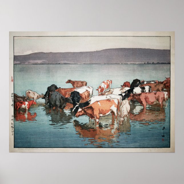 Poster 沼 崎 場 昼, Vacas, Hiroshi Yoshida, Corte de Madeira (Frente)