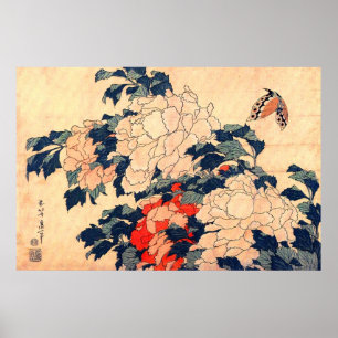Poster 牡丹と蝶, peônias do 北斎 e borboleta, Hoku