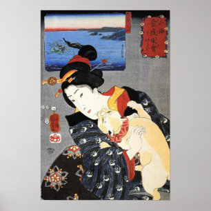 Póster 猫と女, gato do 国芳 e mulher, Kuniyoshi, Uki