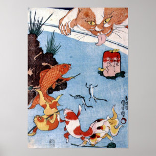 Póster 猫と金魚, gato do 国芳 e peixe dourado, Kuni