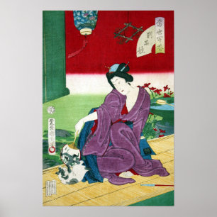 Póster 猫 と 女, 国 Cat e Mulher, Toyohara Kunichika, Ukiyo-e