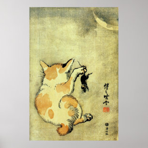Póster 猫 と 鼠, 暁 Gato e Rato, Kyōsai, Ukiyo-e