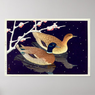Póster 真鴨, patos do pato selvagem, Hasui Kawase, Wood