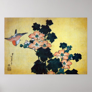 Póster 芙蓉に雀, hibiscus Mutabilis do 北斎 e parda