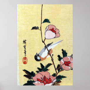 Póster 花に鳥, pássaro do 広重 e flor, Hiroshige, U