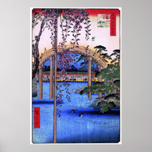 Póster 藤と太鼓橋, glicínias do 広重 e ponte arqu