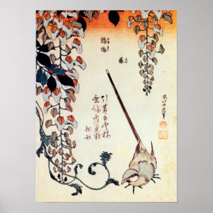 Póster 藤にセキレイ, Wagtail do 北斎 e glicínias