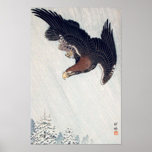 Póster 雪に鷲, 古邨 Eagle que voa na neve, Ohara Kos