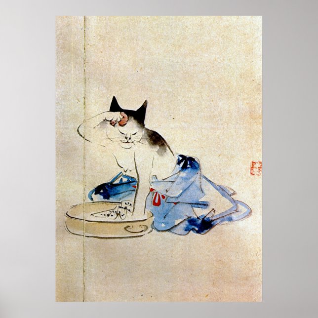 Póster 顔 を 洗 猫, 広 う Lava 重 Gato, Hiroshige (Frente)