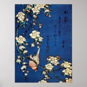 Póster 鳥と枝垂桜, pássaro do 北斎 e árvore de c