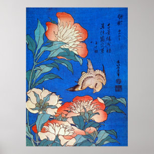 Póster 鳥 と 薬, 北 斎 Bird e Peony, Hokusai, Ukiyoe