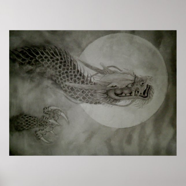 Poster 龍　水墨画　dragon　poster　月　moon (Frente)