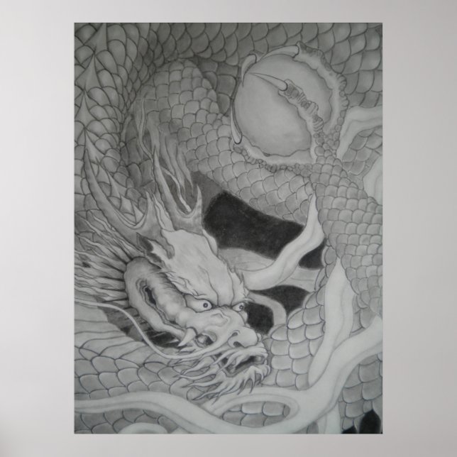 Poster 龍　dragon　水墨画　降り白龍 (Frente)
