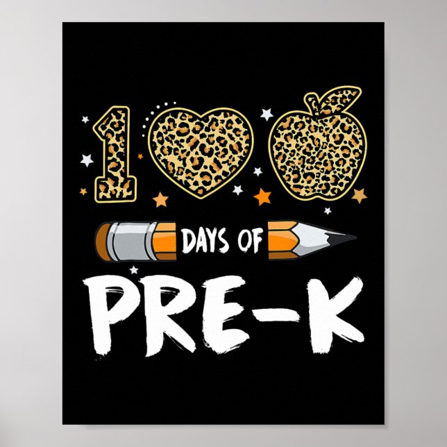 Poster 100 Dias De Professora Pré-K Aluno Leopard Feliz 1 (Frente)