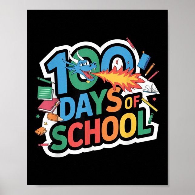 Poster 100 Dias De Tema De Dragão Escolar Crianças Profes (Frente)