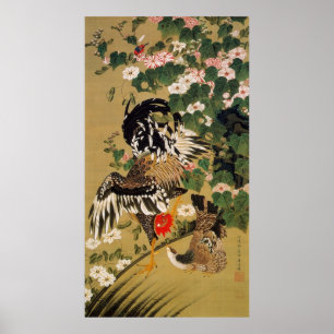 Poster 10. 芙 蓉 鶏 図, 若 Hibiscus e Rooster Chineses 冲, Jaku