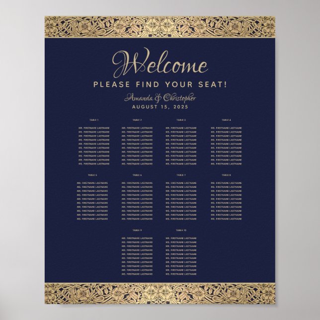 Poster 10 Mesa Marinho Blue Wedding Seating Chart Dourada (Frente)