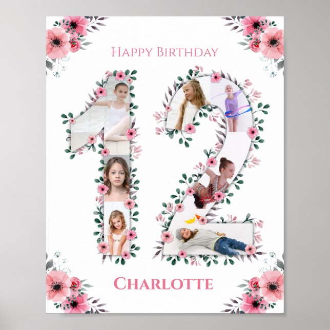 Poster 12 Birthday Pink Flower Girl Fotografia White (Frente)