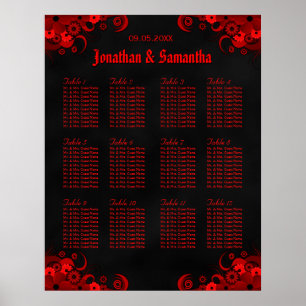 Póster 12 florais pretos & vermelhos carta Wedding do