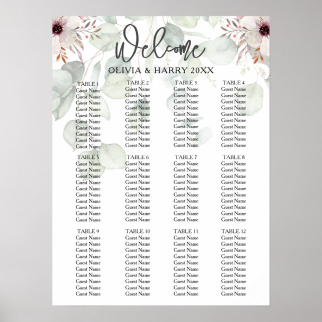 Poster 12 Mesa Eucalyptus Floral Wedding Seating Chart (Frente)