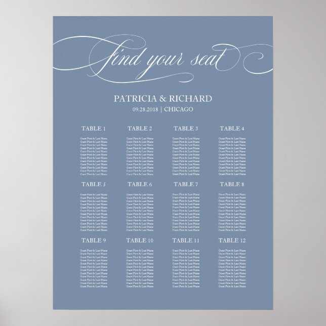 Poster 12 Placa de Casamento Mesa Sinal Dusty Blue (Frente)