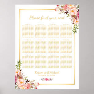 Póster 12 Tables Wedding Seating Chart Chic Floral Gold